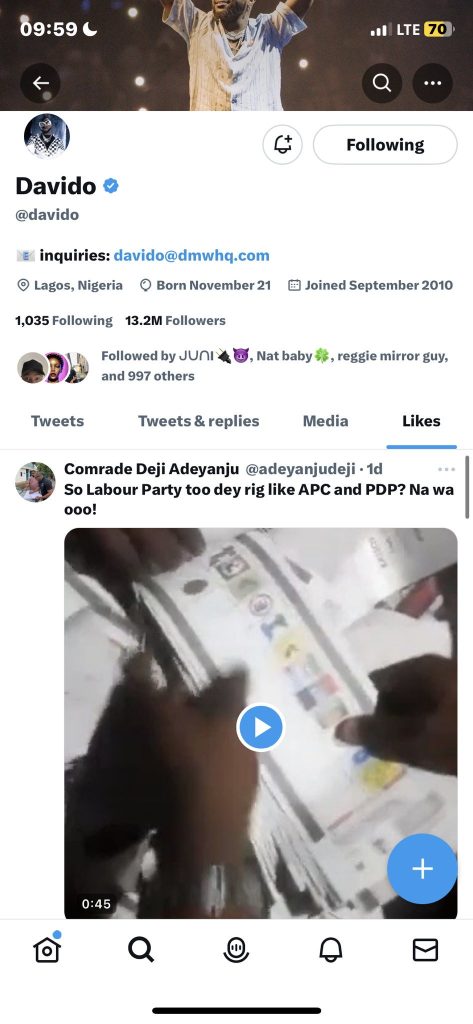 Davido under heavy fire for liking tweet against Labour Party - davido 2