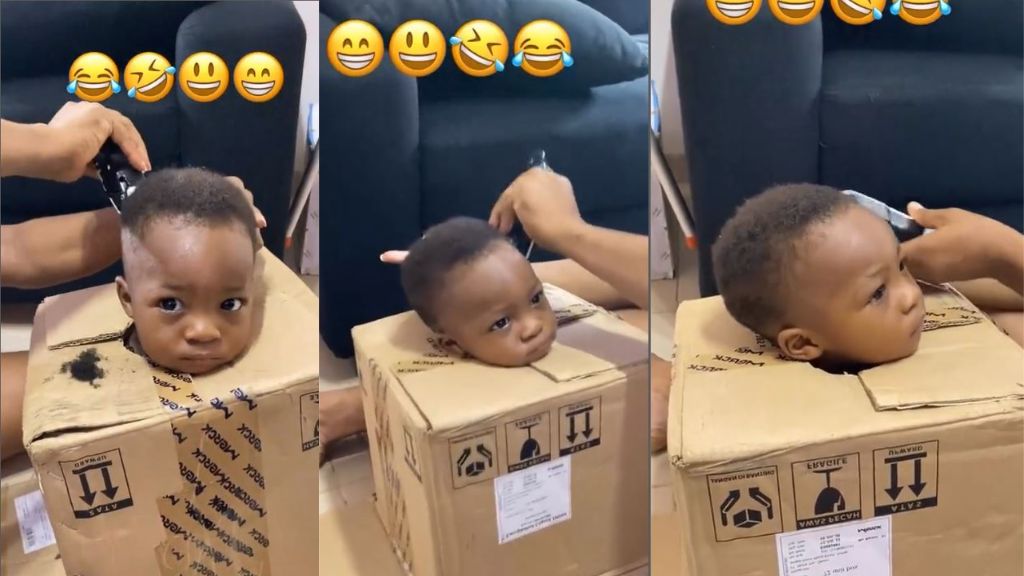Children will test you - Video trends as father placed his son inside a carton while barbing for him (Video)